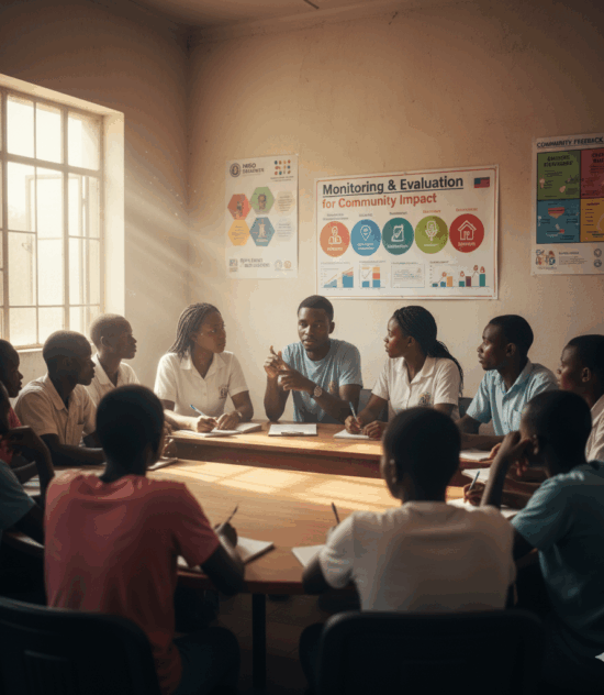 Monitoring and evaluation team analyzing NGO impact data in Kenya