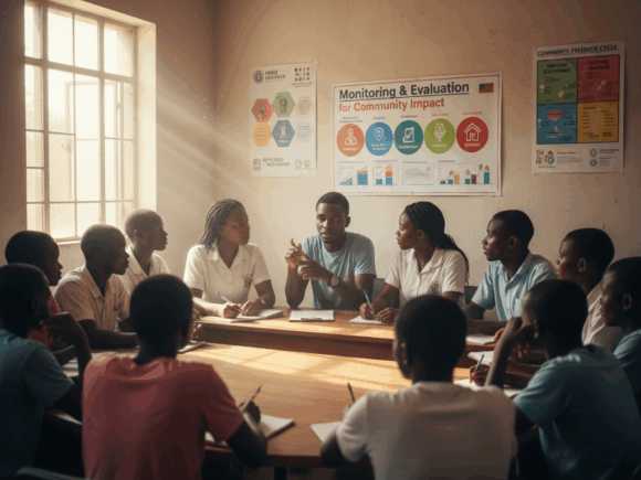 Monitoring and evaluation team analyzing NGO impact data in Kenya