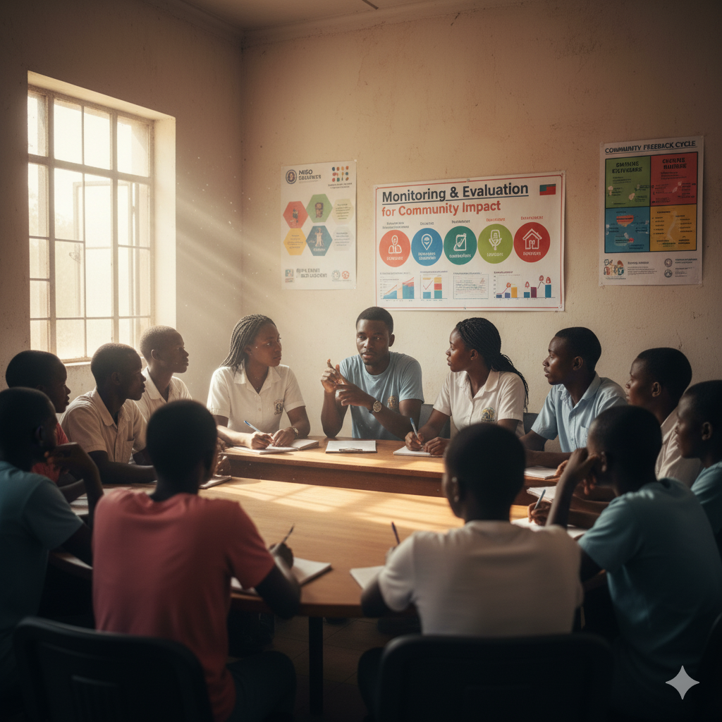 Monitoring and evaluation team analyzing NGO impact data in Kenya